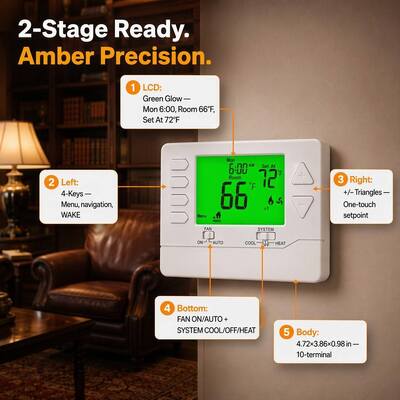 HEAT/OFF/COOL 2 Heat 2 Cool Programmable Room Air Conditioning Thermostat 2*AA Alkaline Batteries Or 18-30 VAC NEC Class II Power Supply