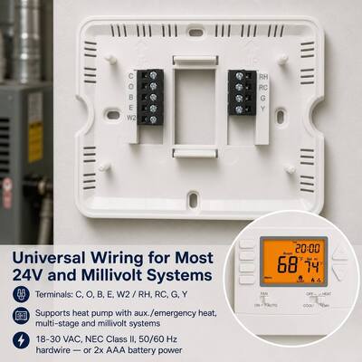 Non-programmable 2 H 2 C Temperature Control Heat Pump Thermostat with Temperature Range 32°F to 99°F 0°C to 40°C and Size 4.72 W X 3.85 H X 1.06 D