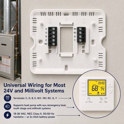 24V 7 Day Programmable Heat Pump Thermostat With Digital Display And Seven Day Scheduling To Support HVAC System Management
