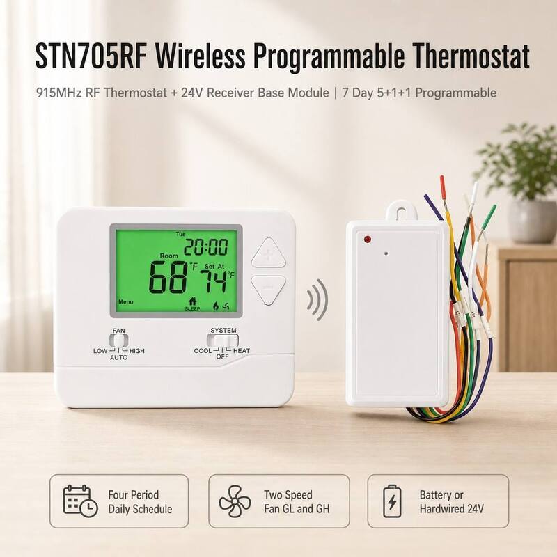 Compressor Delay Protection 5 Minutes 1 Heat 1 Cool Wireless PTAC Programmable 915MHZ Thermostat for Hotel Room