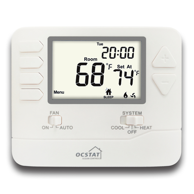 Termostato de ambiente programable con pantalla LCD, control de temperatura y múltiples opciones de programación