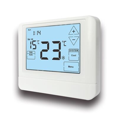 24V Conventional Electronic Room Touch Screen Programamble Thermostat Physical Dimensions 120mm W 98mm H 27mm D and Temperature Ranges 32°F to 99°F 0°C to 40°C Energy Management