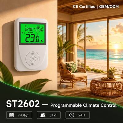 Termostato programable de 7 días para calefacción por suelo radiante de 130 X 86 X 28 mm para sistemas de calefacción por suelo radiante. Rango de temperatura de visualización 0°C a 40°C en incrementos de 0.1°C