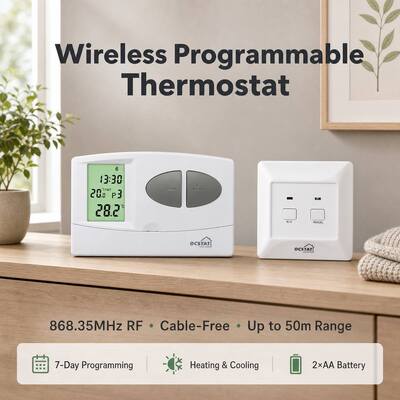 Termostato ambiente inalámbrico para calderas convencionales o mixtas con programación semanal de 7 días, que incluye un receptor compacto de 86 x 86 x 26 mm y un consumo de energía de 6W