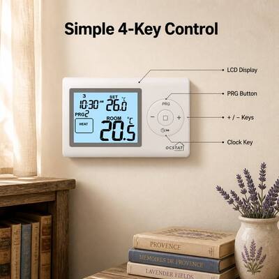 Corriente de espera Corriente de iluminación por debajo de 7 mA Sala de caldera 7 días Termostato con precisión de visualización más menos 05 grados centígrados y programabilidad 5 2 día 24 horas