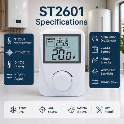 Display Rango de temperatura 3°C a 37°C Termostatos de caldera de habitación digitales Color blanco Tamaño compacto Soluciones de gestión de la temperatura