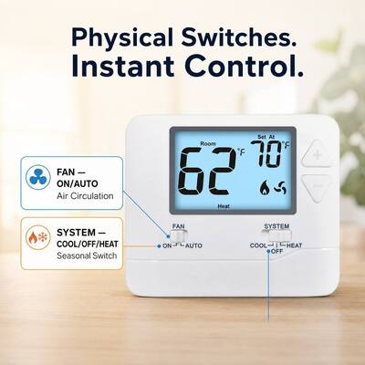 Termostato de hotel/hogar cableado de 24 V, blanco, no programable, 1 calor, 1 frío, no programable, para operaciones de climatización, control de temperatura en edificios comerciales