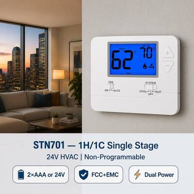 Termostato de aire acondicionado estilo estadounidense electrónico de 24 V, tamaño de pantalla de 3.84 pulgadas cuadradas, ajustable, de una sola etapa, 1 H 1 C, no programable