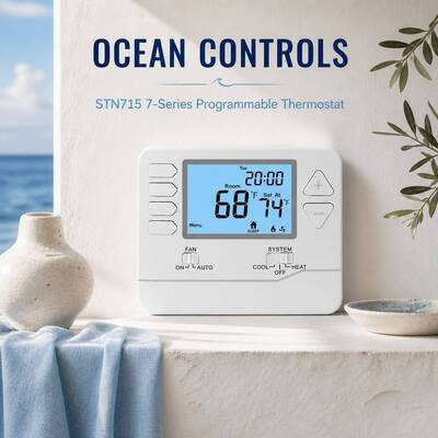 Termostato HVAC digital programable de ABS PC ignífugo de 7 días con pantalla LCD, control de temperatura, alimentado por 2 pilas alcalinas AAA o 18-30 VCA NEC Clase II para sistemas HVAC comerciales