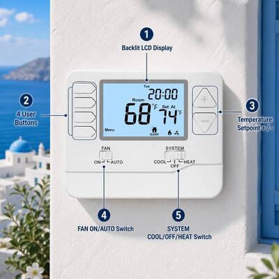 Display LCD grande de 24V controlador de temperatura HVAC termostato cableado 7 días 2 calor 2 frío energía de la batería