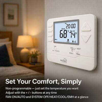 Termostato cableado de bomba de calor estilo estadounidense para hotel y apartamento, no programable, ahorro de energía, 24 V, 2 calores, 1 frío, para aplicaciones comerciales