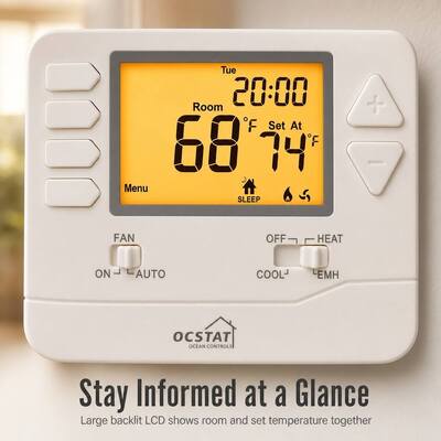 Designaciones de terminales de 24 V C, bomba de calor, no programable, multietapa, termostato a pilas, modo de operación del sistema EMHEAT, capacidad de carga de 1 amperio por terminal, ideal para control de HVAC
