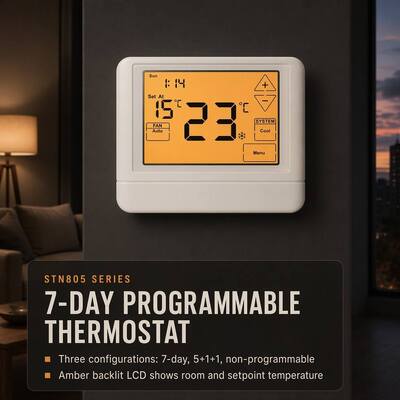 Protección de retraso del compresor LCD grande 5 minutos 1 calor 1 enfriamiento cableado 7 días aire acondicionado hotel hogar controlador de temperatura HVAC para apartamento