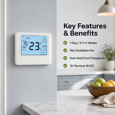 Termostato LCD con pantalla táctil de 7 días, 2 calores, 2 fríos, 24 V o a batería, para sistemas HVAC de hoteles y apartamentos