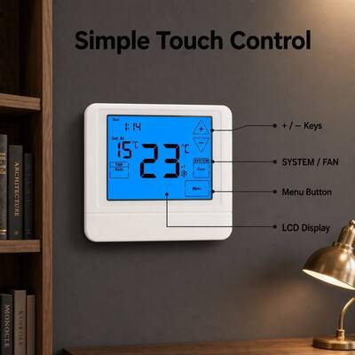 Termostato programable con cable OEM/ODM de bomba de calor táctil LCD de 24 V, bomba de calor 4H/2C con o sin calor auxiliar o de emergencia