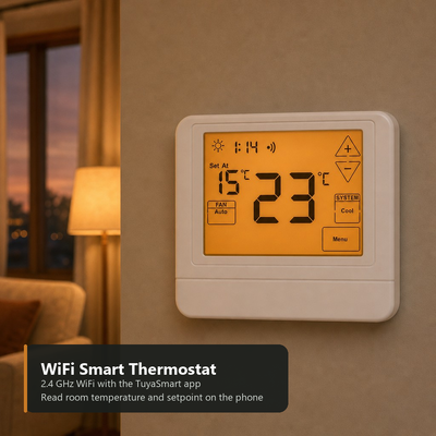 Termostato programable de 7 días para control electrónico de 24 V con aplicación TUYA Smart Life, dimensiones físicas 120 mm de ancho, 98 mm de alto, 27 mm de profundidad, diseñado para control de temperatura