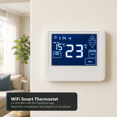 Termostato Inteligente WIFI Táctil LCD Retroiluminado de 24V, 2 CALEFACCIÓN 2 REFRIGERACIÓN, para Bomba de Calor TUYA, 4H 2C, con o sin Calefacción Auxiliar o de Emergencia