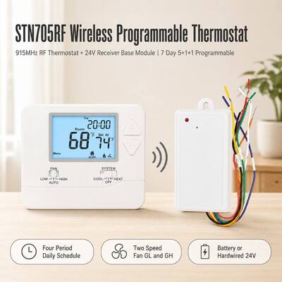 Termostato programable inalámbrico de 7 días para bomba de calor convencional o de calor de 24 V, frecuencia de 915 MHz