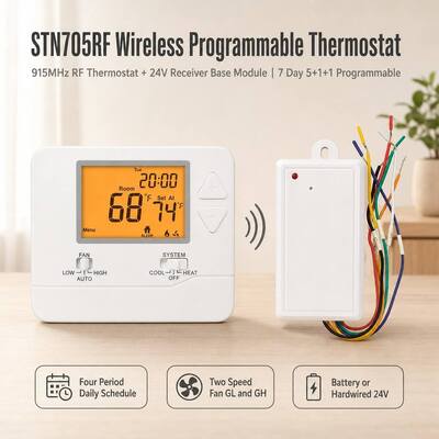 Termostato PTAC RF inalámbrico de 7 días para sistemas HVAC, funciona con 24V o batería, para calefacción y refrigeración de una sola etapa
